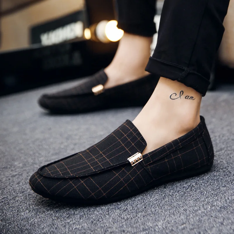 

Men Shoes Fashion Loafers Breathable Canvas Sneakers Men Slip-On Casual Shoes Soft Comfortable Non-slip Driving Flats Black Gray