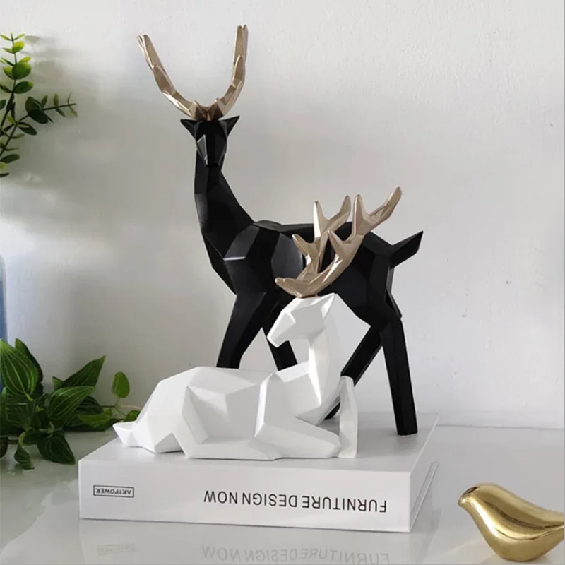 

Elk Figurines Resin Sculpture Home Decor Nordic Geometric Long Horn Deer Statue Abstract Reindeer Tabletop Animal Ornaments Gift