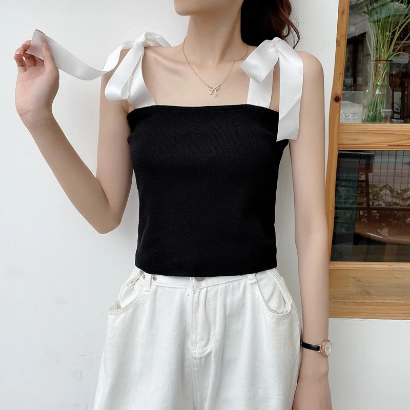 

2022 Summer Sexy Threaded Stretch Vest Crop Tops Slash Neck Bow Ribbon Blusas For Women Lace-up Basic Corset Female Slim Tanks