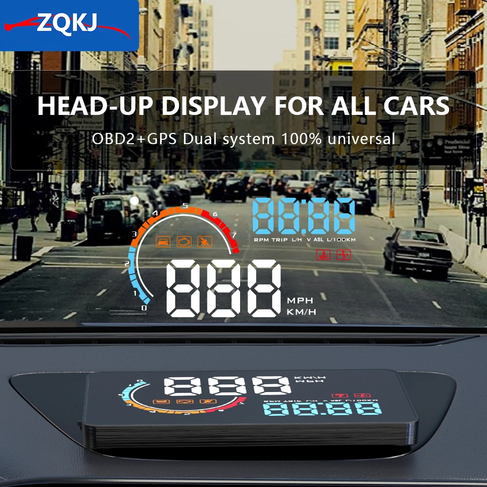 

ZQKJ HUD OBD2 and GPS System for All Car Head Up Display Digital Speedometer Auto Electronics Accessories Overspeed Alarm Meter