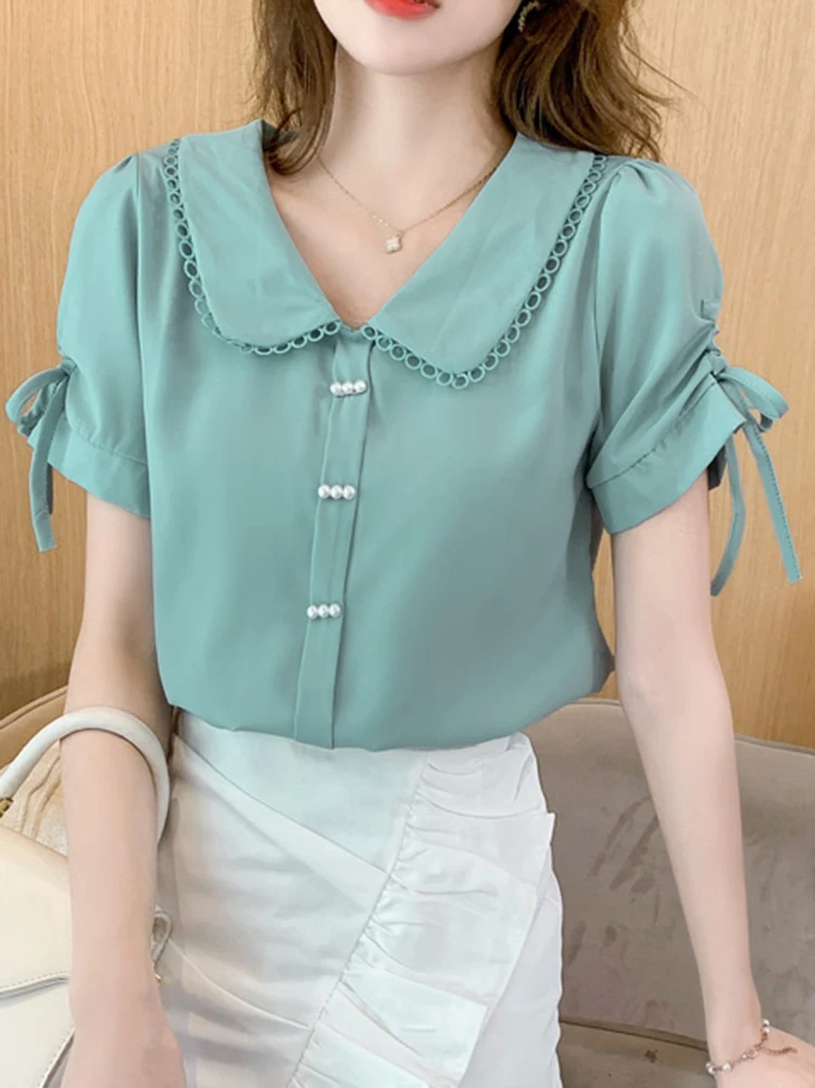 

Peter Pan Collar Blouse Women 2022 Fashion Bead Tops And Blouses Summer Short Sleeve Shirt Woman Clothes Chiffon Chemisier Femme