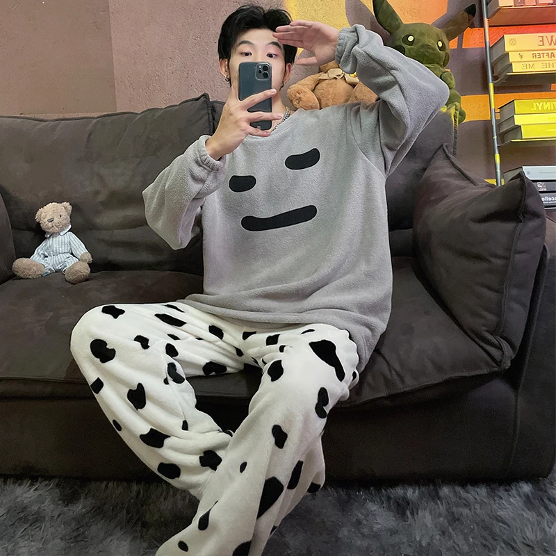 QUHENG Winter Flannel Men Cute Pajamas Thick Couple Sleepwear 2022 New Women Pajama Set Cartoon Coral Fleece Chic Home Clothing