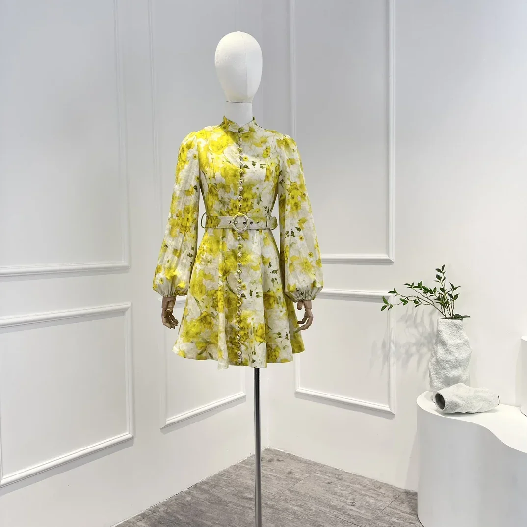 

2023 Top Quality Linen Multi Floral Printing Spring New Buttons Mini Dresses Women