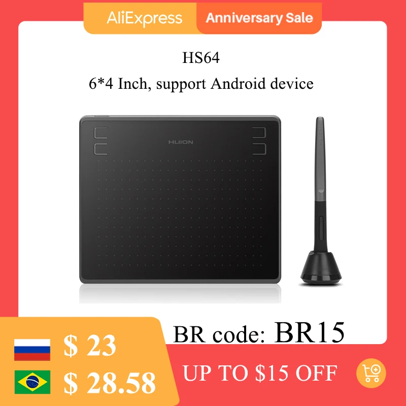 Huion HS64 6x4inch Graphics Tablet Ultrathin Digital Drawing Tablet Battery-Free Stylus OSU Pen Tablet for PC Android Device Mac