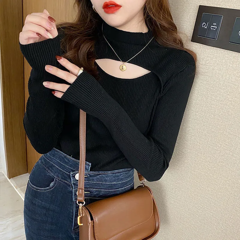 

Hollow Out Pullover Women Sweaters Autumn and Winter Fashion Half high collar Long Sleeve Knit Tops Elegant Jumper Clothes 23955