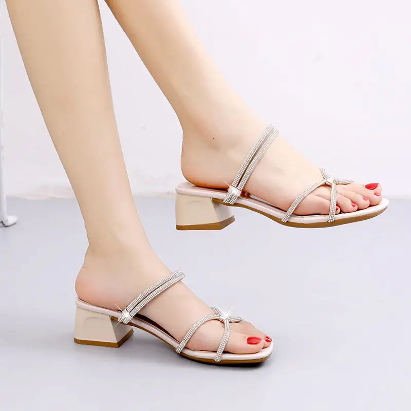 

Women Shoe Sandals Summer 2022 Chunky Heel Fairy Slipper Ins Rhinestone Platform Fashion Flat