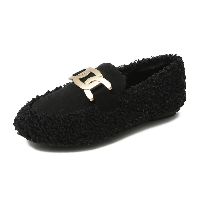 Women Lambswool Plush Cotton Fur Flats Boots Winter Brand Chain Loafers Femme Comfy Moccasin Pregnant Big Size 41/42 Shoes