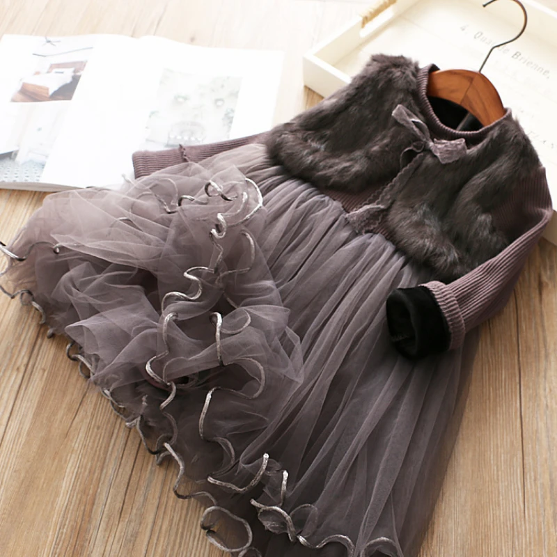 

Girls Tulle Dress Long Sleeves Autumn Fashion Children Princess Fluff Princess Dress Girls Party Clothing Wool Children Clothes