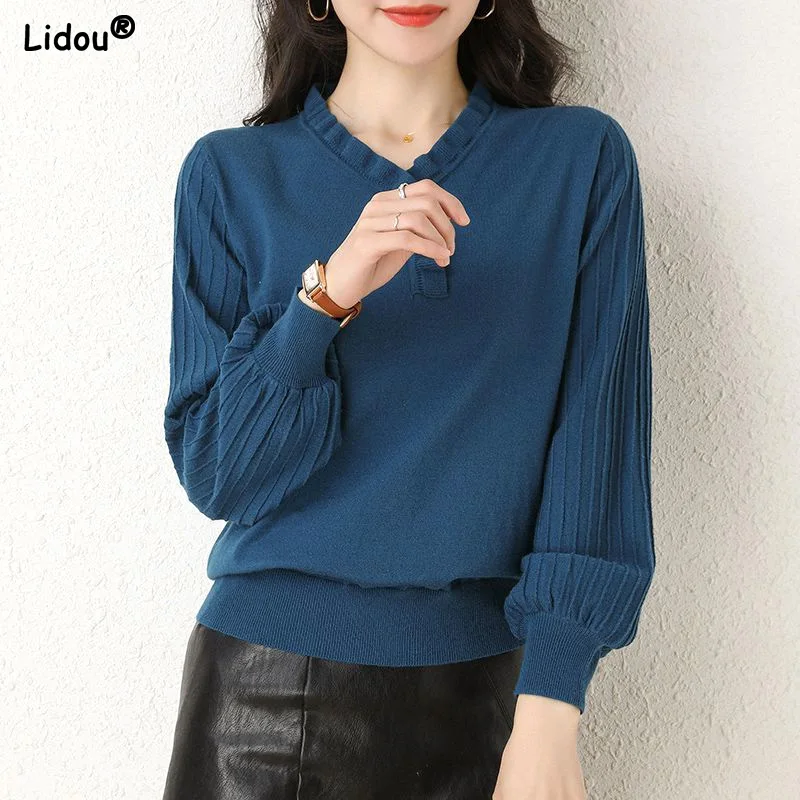 

Screw Thread Solid Patchwork Temperament V-neck Fashion Casual Pullovers T-Shirts Women's Clothing Spring Autumn Simplicity Thin