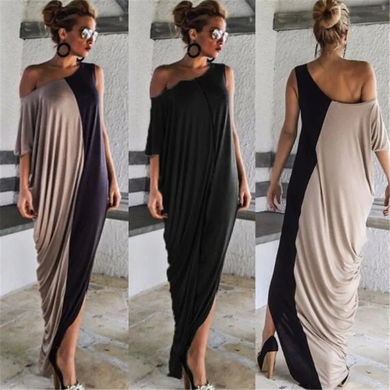 

2022 Splice Contrast Panel Women Dress Summer Casual Loose Off Shoulder Short Sleeve Ladies Irregular Maxi Long Dress Vestidos