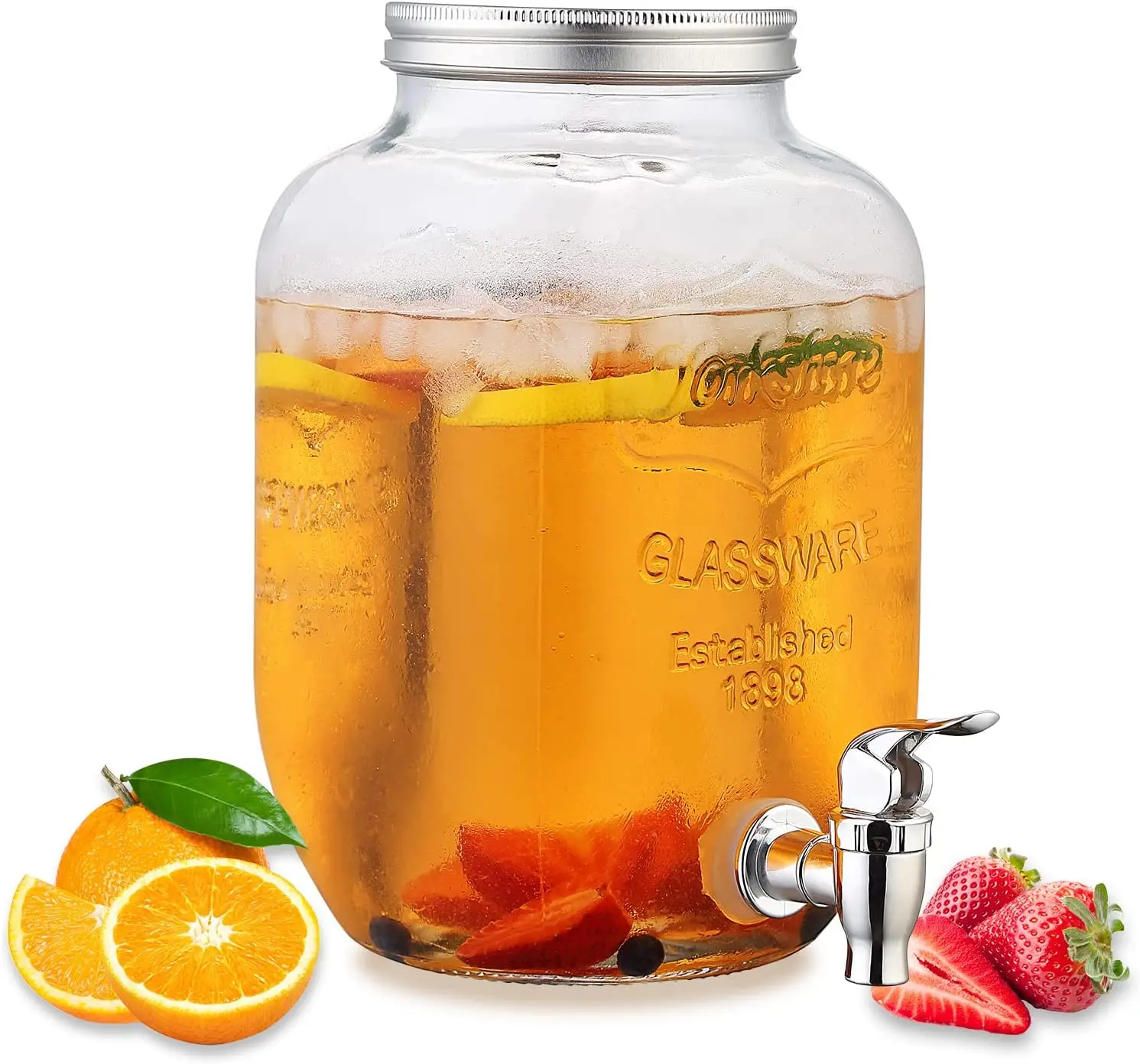 

1 gallon glass beverage dispenser with convenient large opening, faucet and waterproof stainless steel cover, securely sealed to