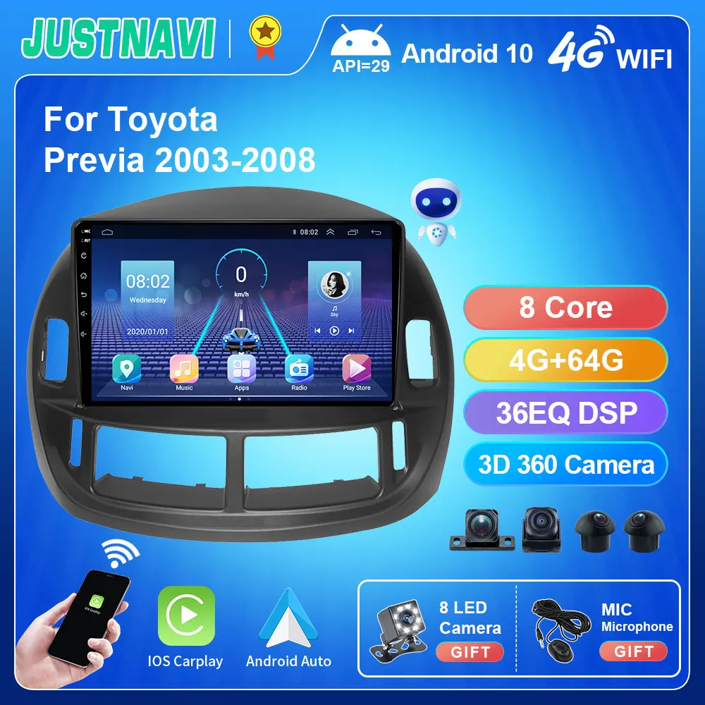 Автомобильный радиоприемник JUSTNAVI 2 Din android для Toyota Previa LHD 2003 - 2008 мультимедийный