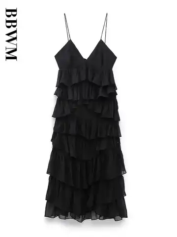 2023 Women Black Laminated Decoration Midi Dress V Neck Vintage Sleeveless Chic Female Streetwear Spaghetti Strap Dresses