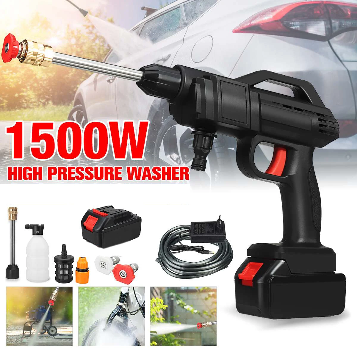 

New 1500W Car Washer Electric Cordless Pressure Spray Water Gun Cleaner Washer Gun Water Hose Cleaning With Battery