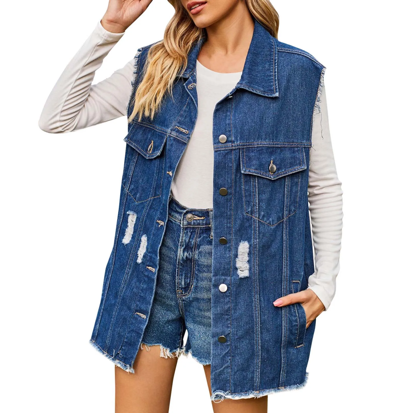 

Women's Denim Vest Cotton Spring Casual Slim Ripped Denim Jacket Retro Korean Fashionable Sleeveless Jacket Casual Ladies Coat