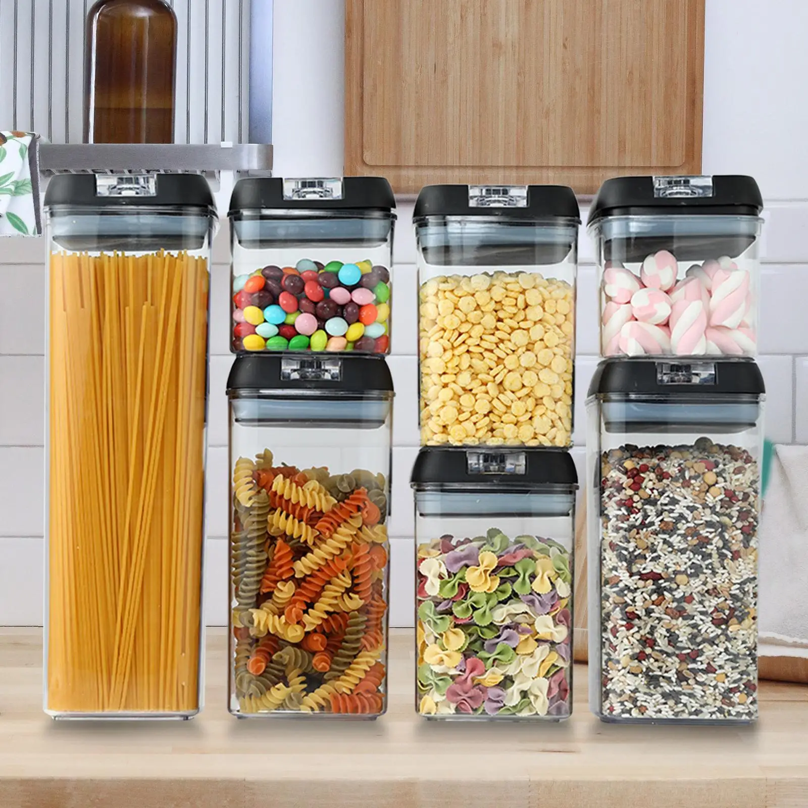 

7 Pieces Cereal Storage Containers Square Portable W/ Lids Organizer Holder for Cereal Kitchen Snack Spaghetti Refrigerator