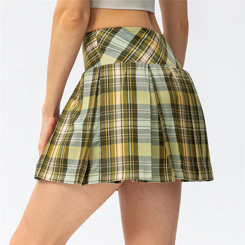 Women Sports Skorts Summer 2 In 1 Tennis Mini Pleated Skirts Plaid Fitness High Waist Athletic Golf Running Shorts With Pocket