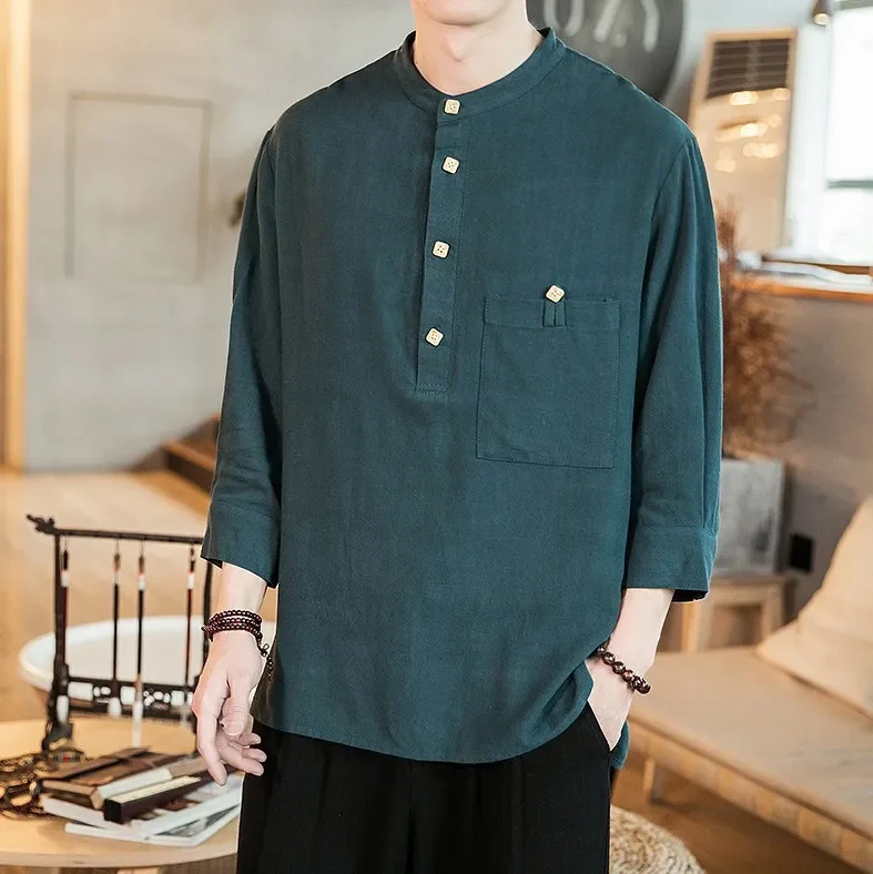 Новинка 2022 Стильная хлопковая льняная футболка с китайским воротником винтажная
