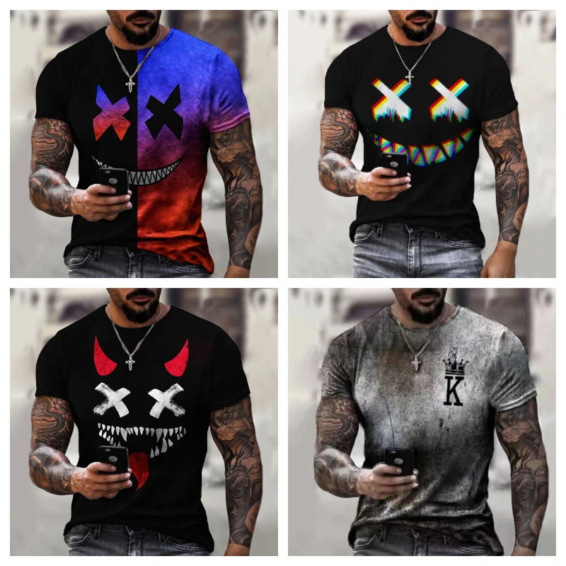 

Мужская Повседневная футболка, новинка 2022, футболка большого размера d с коротким рукавом в стиле хип-хоп, с рисунком смайлика, Мужская футбо...