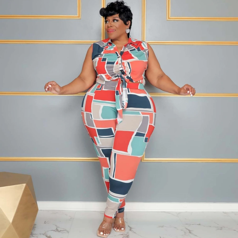 

2 Piece Women Set African Summer Sleeveless Shirt Blouse Top And Pants Suits Outfits Fashion Office Lady Matching Sets Outfit