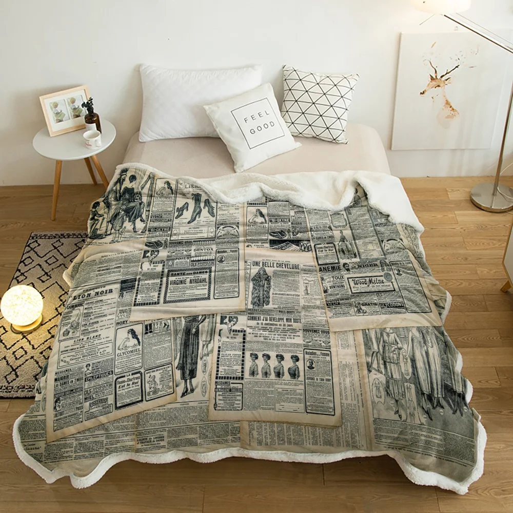 

Advertising Newspaper Retro Plush Throw Blanket Sherpa Fleece Bedspread Blankets Sofa Cover Bedding Picnic Wool Soft Blanket