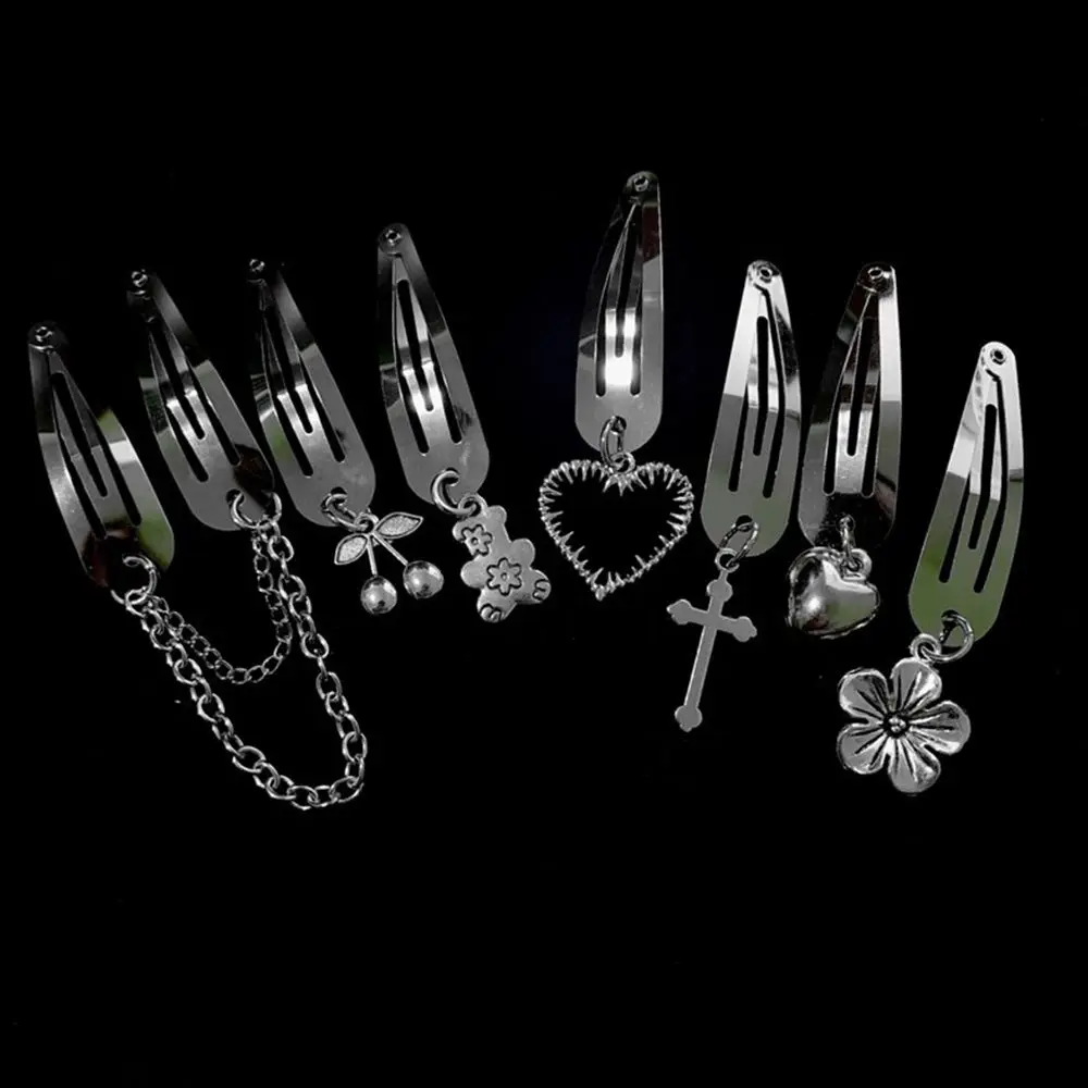 

2pcs/set Punk Hip Hop Hair Clip Silver Color Cross Heart Cherry Drop Water Metal Hair Clip for Women Girls Hair Accessories
