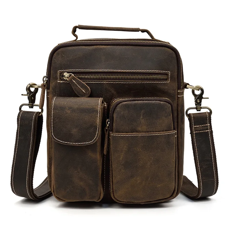 2022 Genuine Leather Men's Handbag Shoulder Bag Outer Casual Crossbody Bag Crazy Horse Leather Work Messenger Bag Male Handbag