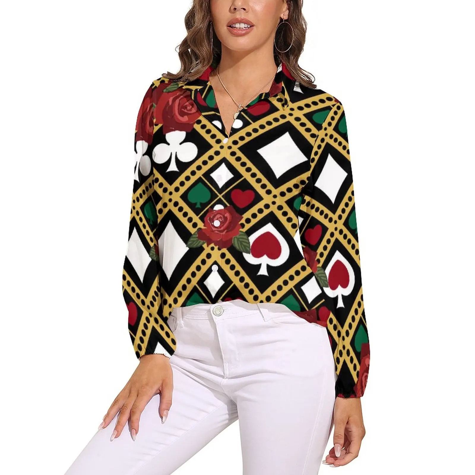 

Женская винтажная блузка с принтом «покер» и длинным рукавом