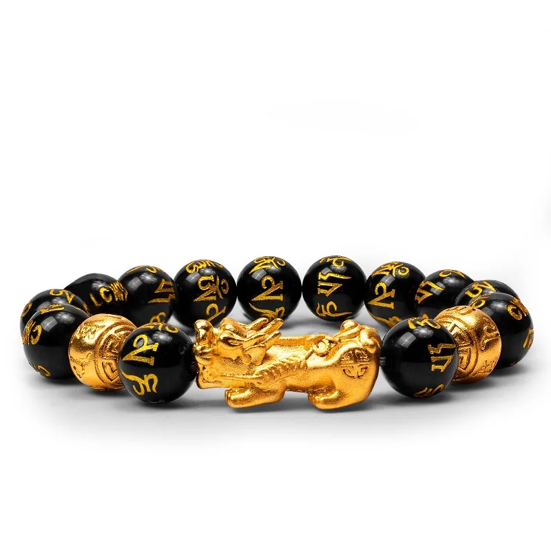 

12mm Natural Brave Troops Beads Bracelet Gold BraveTroops Six Character Proverbs Bracelet for Women Men Yoga Sport Supplies