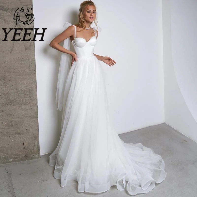 

YEEH Sweetheart Neckline Beach Wedding Dresses A-line Spaghetti Straps Tulle Bow Bridal Gown Sweep Train Vestido De Novia