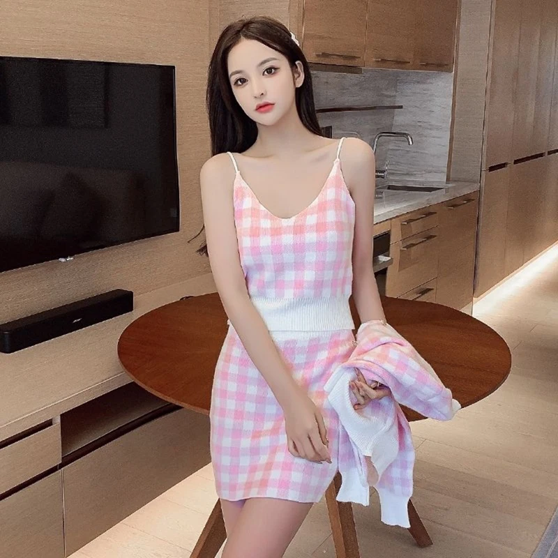 Women Sweet Plaid Sweater 3 Peice Suits 2023 Korean Fashion Round Neck Cardigans +V-Neck Vest+Mini Skirt Knitted Outfits