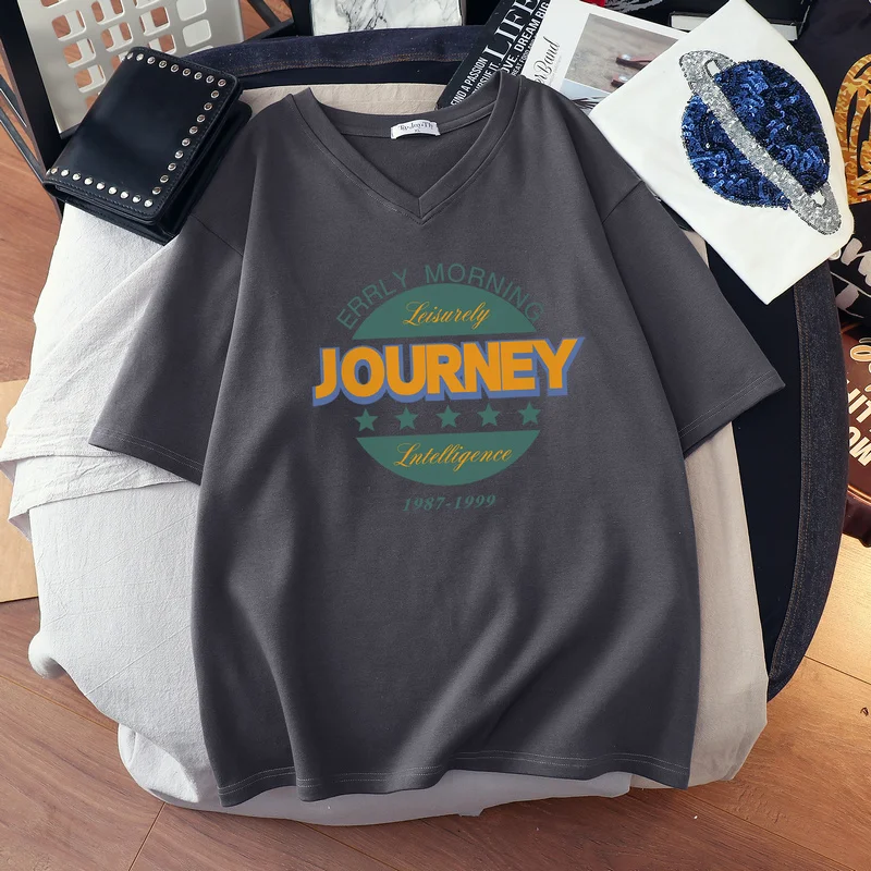 

DAYIFUN Plus Size V-neck T-shirts Cotton Printed Short-sleeved Tee Shirt Women's Summer Loose Oversized T-shirt Harajuku Top