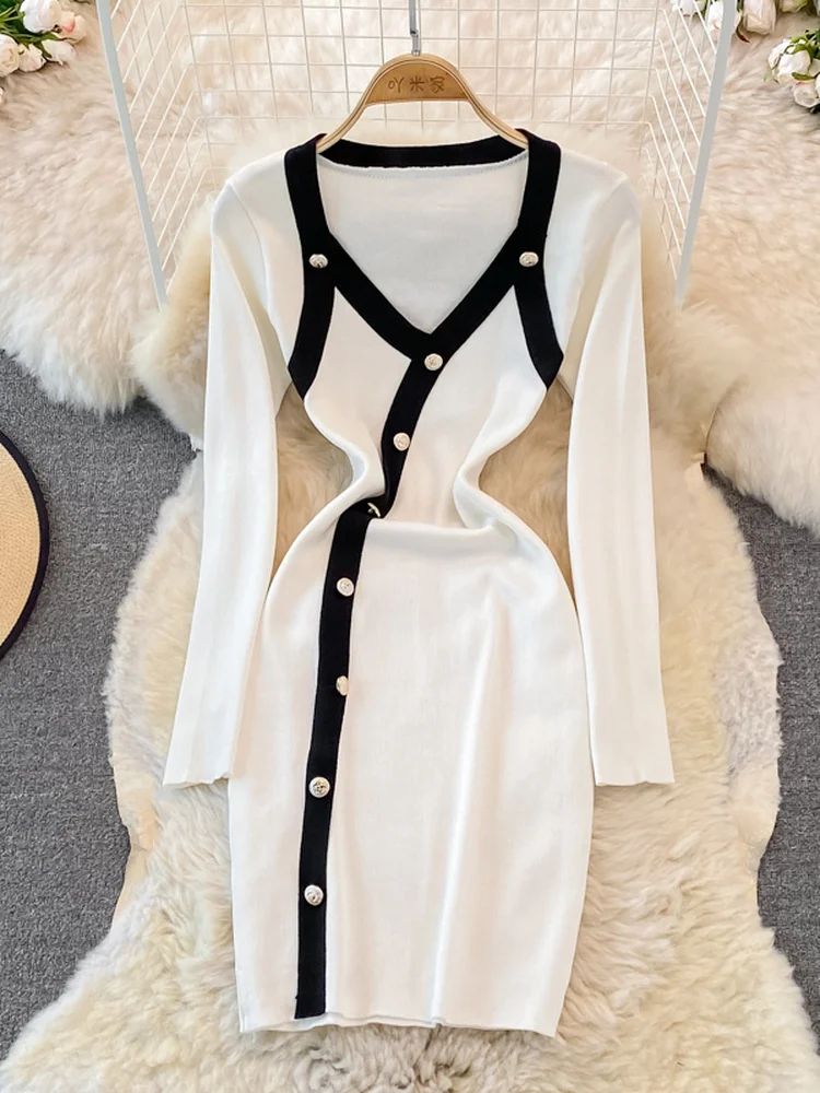 

Hikigawa Chic Fashion Vintage V Neck Contrast Color Button Long Sleeve Slim Fit Knitted Dresses For Women Elegant Vestidos Mujer