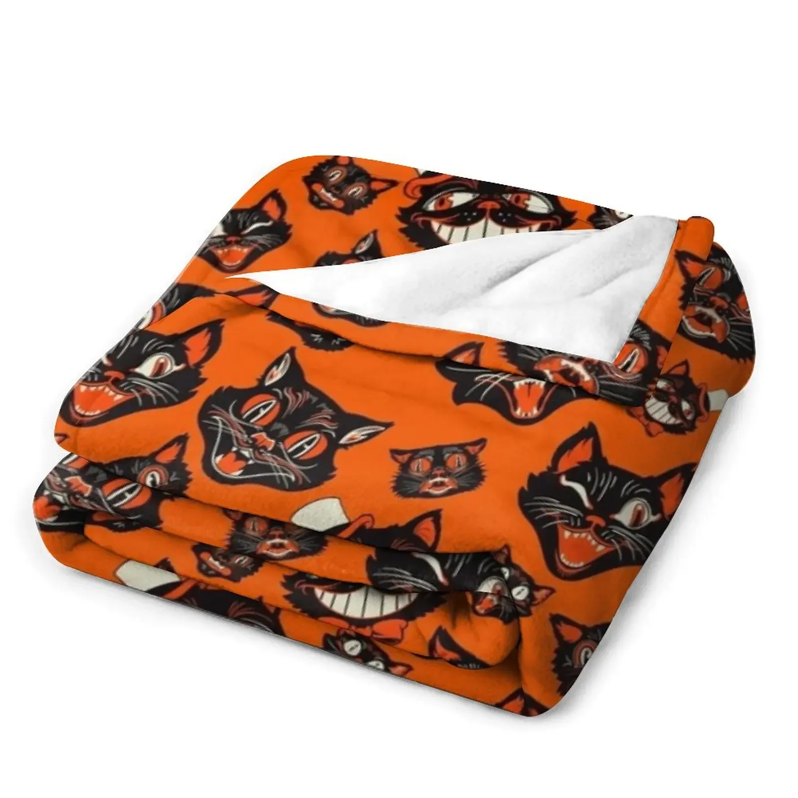 Ретро Винтаж Хэллоуин Черная Кошка Лица Узор - Оранжевый Фон Плед Одеяло Мягкие