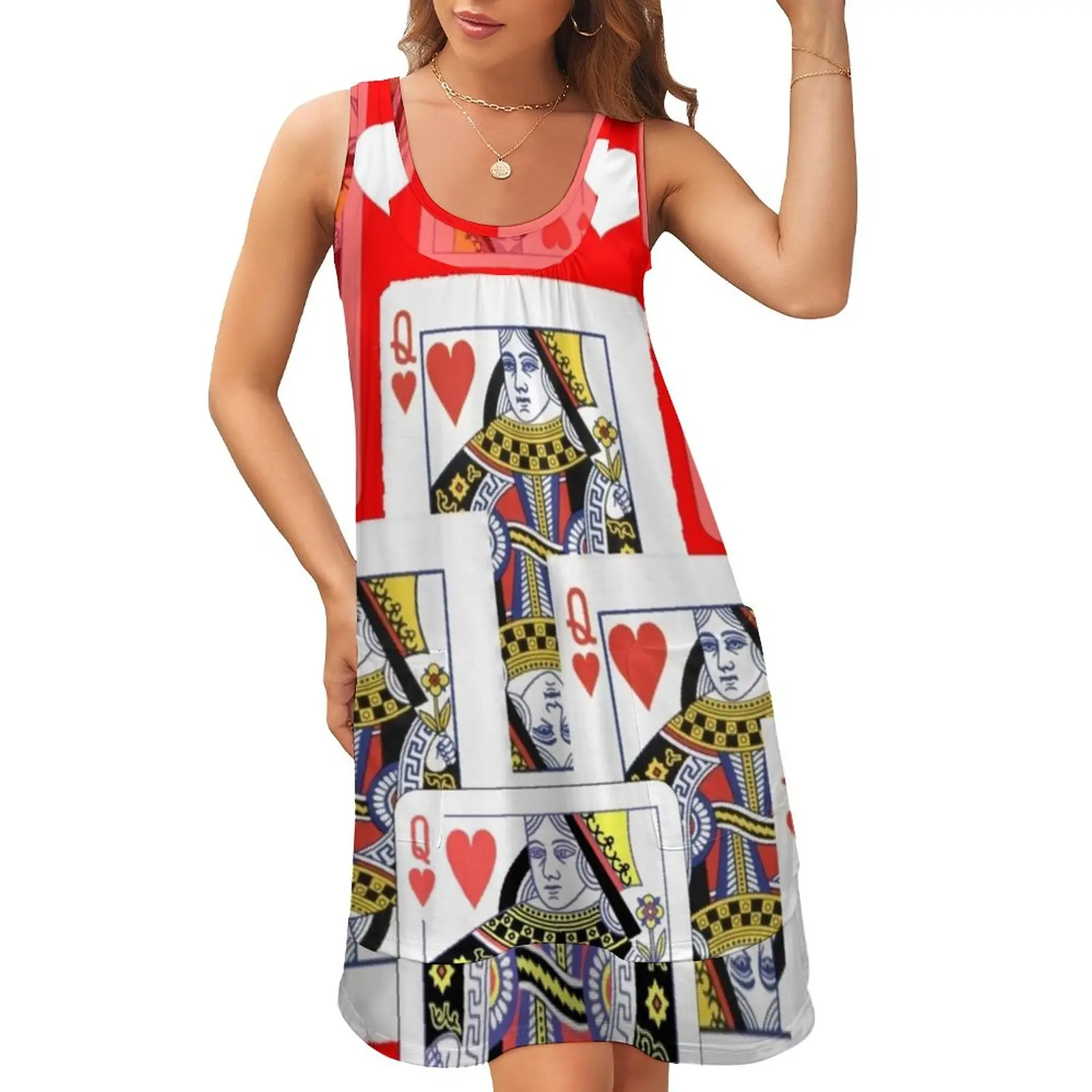 Poker Cards Dress Red Queen Heart Aesthetic Dresses Summer Print Boho Beach Casual Dress Sleeveless Clothes Large Size