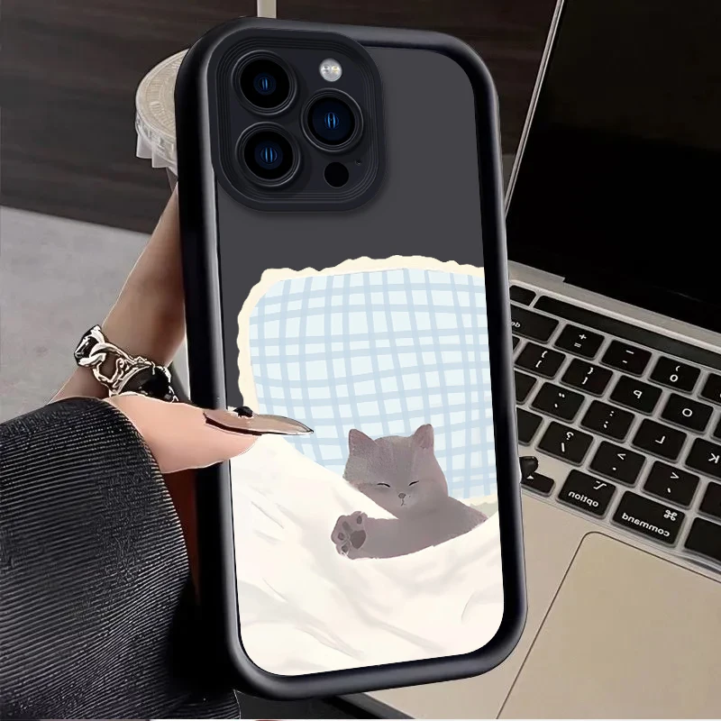 Фото Противоударный силиконовый чехол для iPhone 17 Air 16 E 15 14 Plus 13 12 Mini 11 Pro Max с изображением спящего серого кота в белом одеяле №5