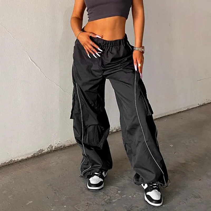 Summer New Spice Girl Sports Fashion Elastic Band High Waist Multi Pocket Loose Casual Pants White Black Tide Europe America