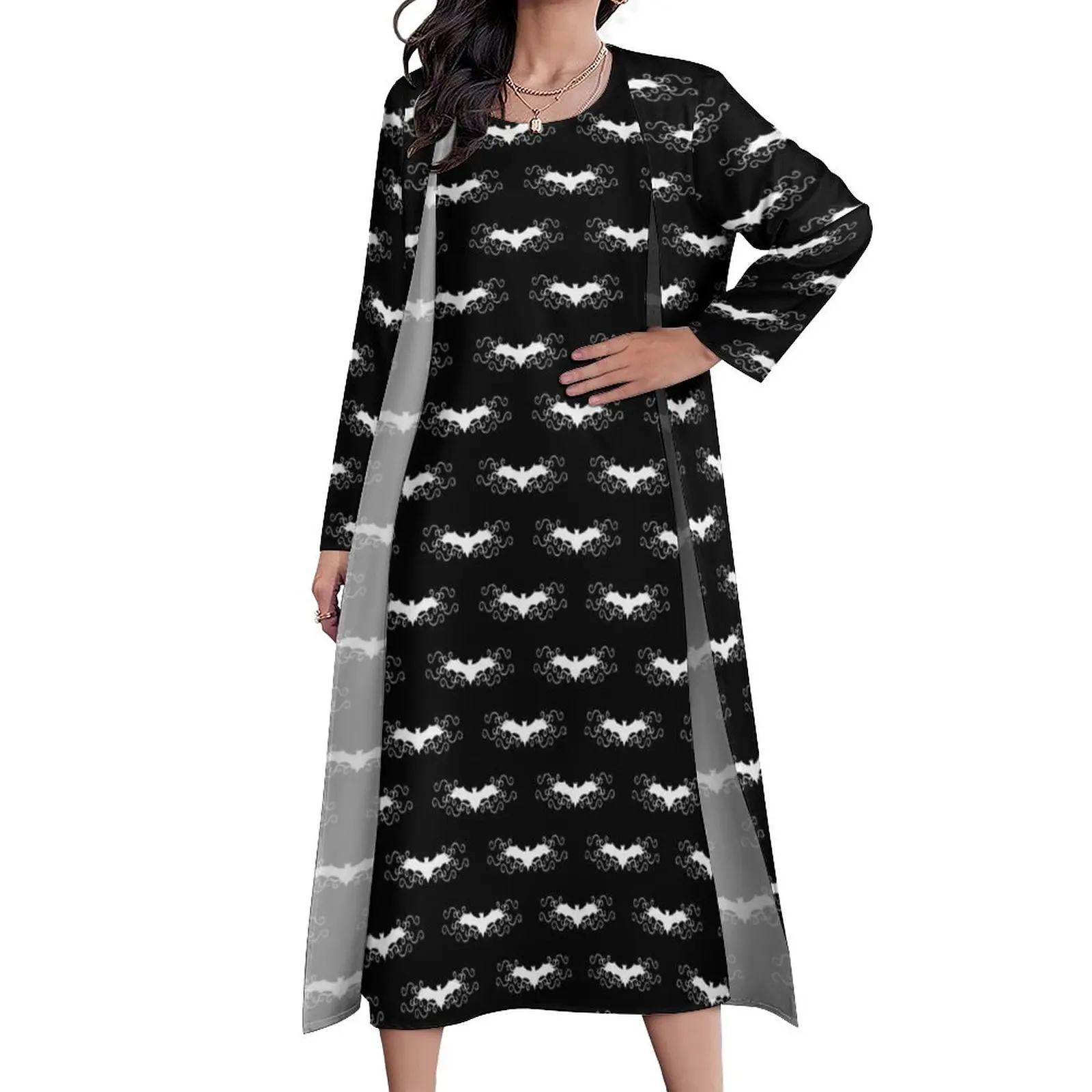 

Gothic Bat Dress White Bats With Swirls Party Maxi Dress Fashion Bohemia Long Dresses Womens Two-Piece Custom Oversized Vestido