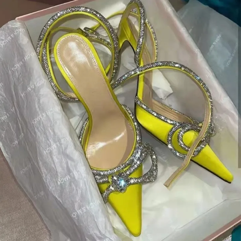 TSTCTB 2023 Woman Sparkly Bow Heels Fashion Bling Transparent Pointed Toes Sandals Elegant Slingback Crystal Female Party Pumps