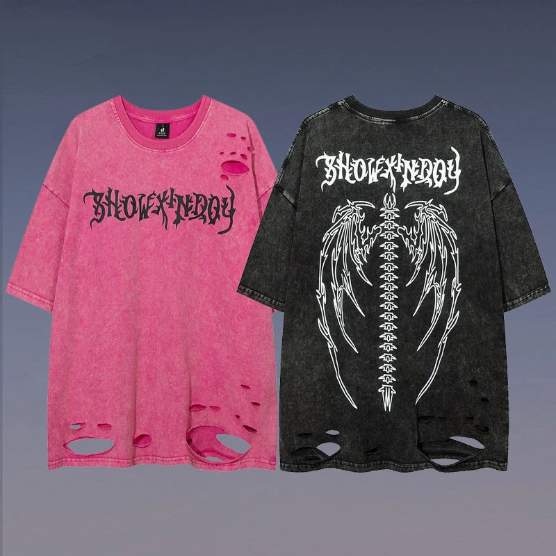 

Футболка мужская оверсайз с потертостями, уличная одежда в стиле хип-хоп, винтажная хлопковая Свободная рубашка в стиле Харадзюку, с вырезами под старые ножи, 2023