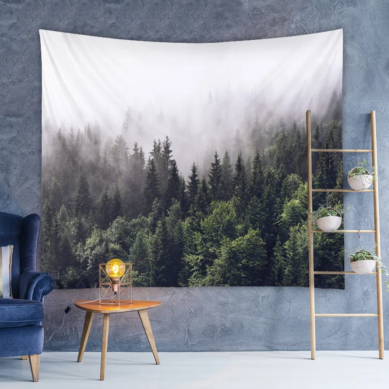 

Virgin Forest Tapestry Green Tree in Misty Landscape Art Wall Hanging Nature Scenery Aesthetic Decoration Living Room Bedroom