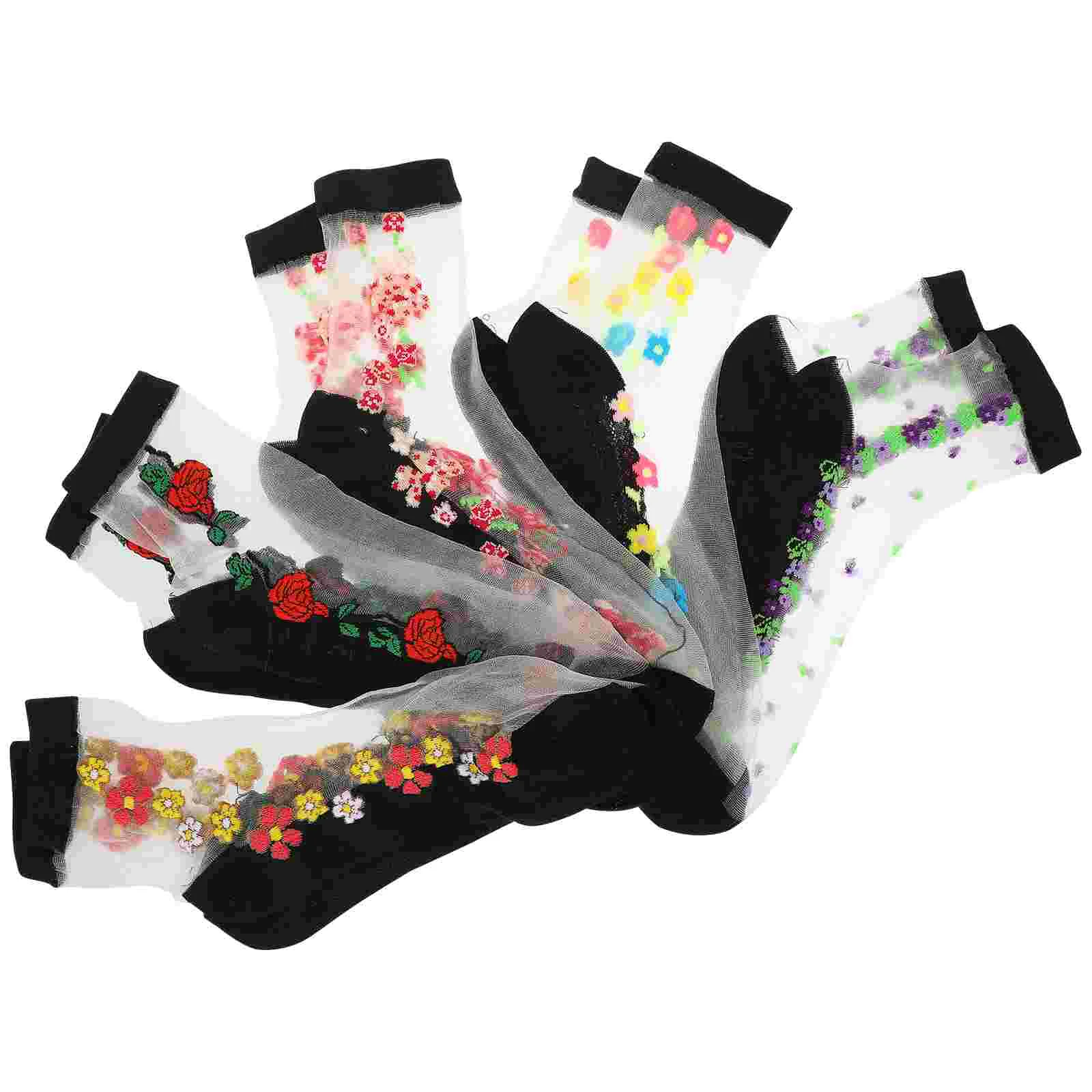 

5 Pairs Summer Female Thin Anti-Hook Silk Breathable Ankle Socks Short Embroidered Cotton Stockings (Black, Random Pattern)
