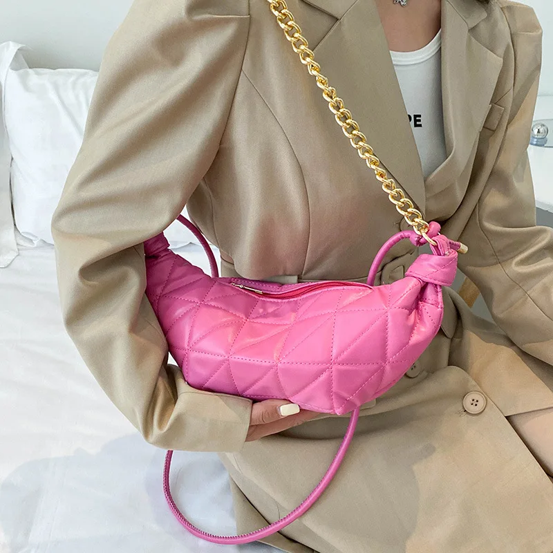 

2022 New Shoulder Bag For Women Fashion PU Solid Color Chain Design Crossbody Handbag Femme Leather Simple Chest Waist Bag