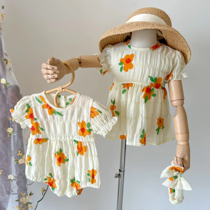 

Summer Baby Girl Clothes Fresh Flowers Short Sleeve Climbing Baby Outfit Cotton Bag Fart Bodysuit Princess Skirt Sister Clothes