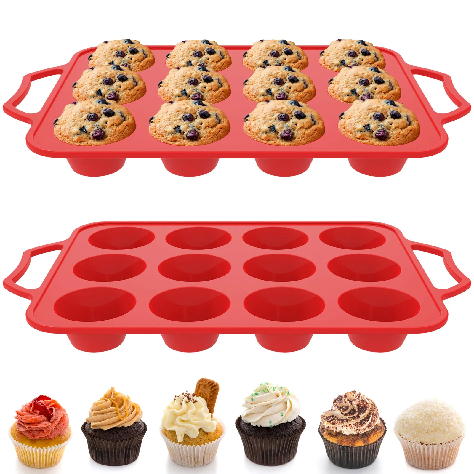 

New 2Pcs Silicone Muffin Pan 12-Cavity Baking Tray Non-Stick Muffin Baking Mold with Reinforced Stainless Steel Frame Inside