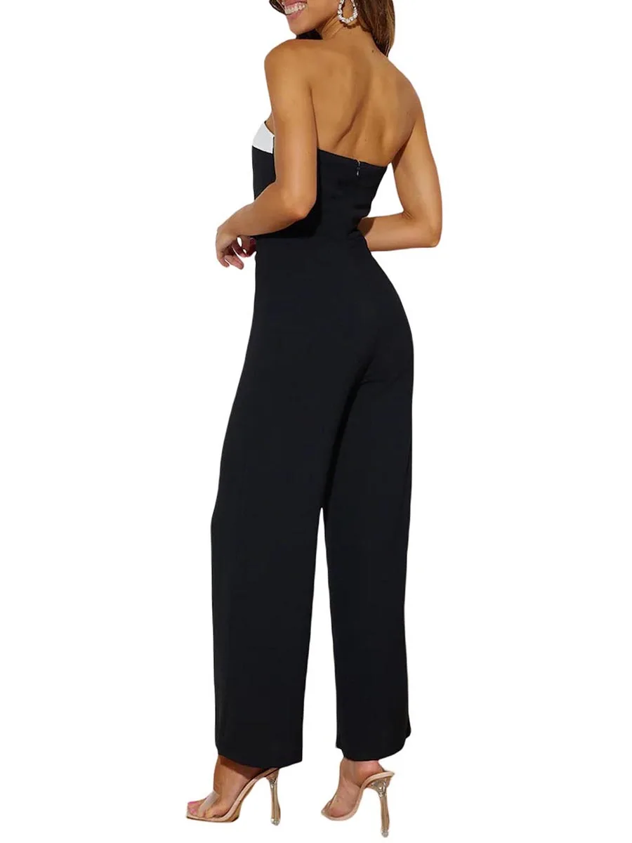 Women Sleeveless Jumpsuit Lightweight Contrast Color Comfortable  Strapless Wide Leg Pants Rompers Summer Streetwear Clubwear