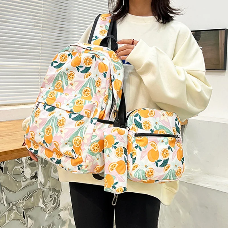 3-piece Set Junior High School Student Girls Large Capacity Backpacks Children Fashion Orange Fruit School Shoulder Bags Pen Bag