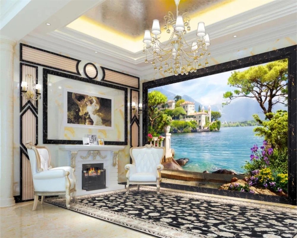 Custom Self Adhesive wallpapers 3D photo forest park sea fence murals home decoration bedroom living room Painting Waterproof |