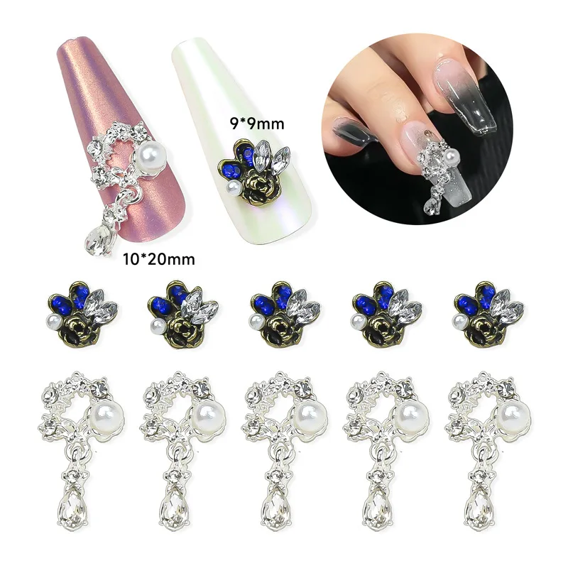 

10Pcs Alloy Pearls Zircon Pendant Nail Art Decorations Delicate Rhinestone Retro Flowers Metal Manicure Jewelry DIY Accessories