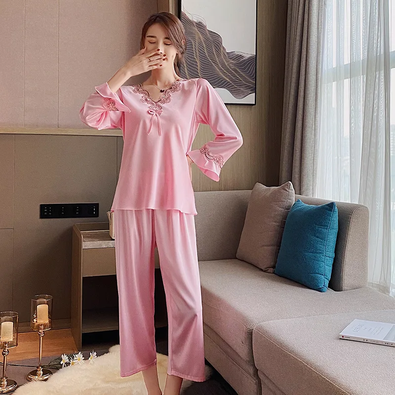 Women's Silk Pajamas 2pcs Homewear Suit Summer Trumpet Long Sleeve V-neck Tops Loose Sleepwear Trousers Pajamas for Women Pjs
